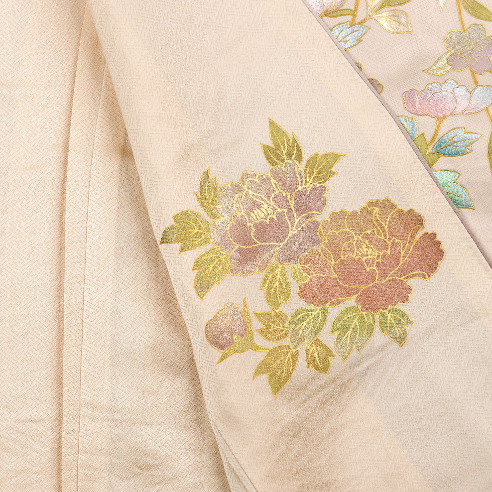 Thumbnail: Vintage kimono, semi-formal Houmongi, featuring spring flowers and a waterside landscape.