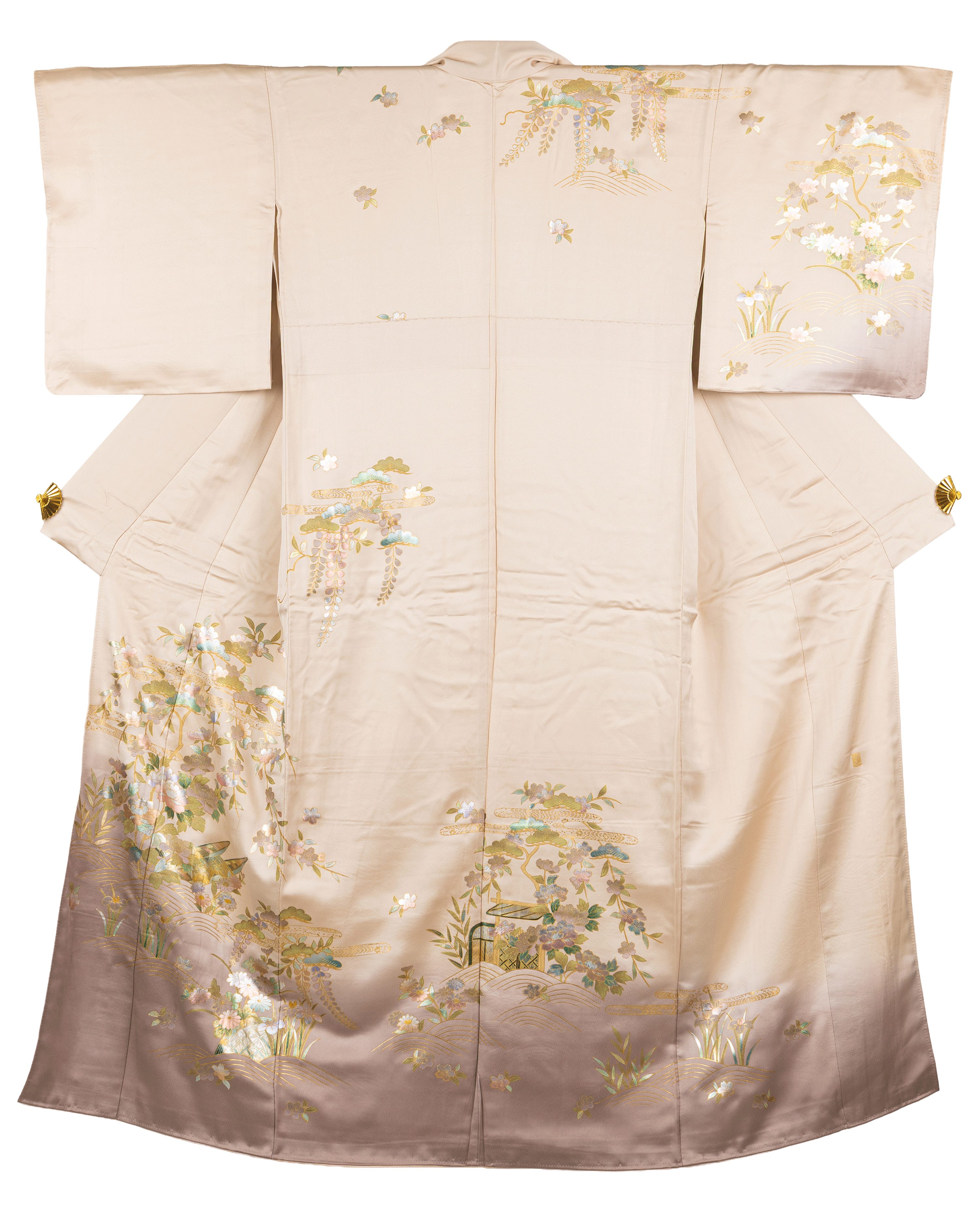 Vintage kimono, semi-formal Houmongi, featuring spring flowers and a waterside landscape.