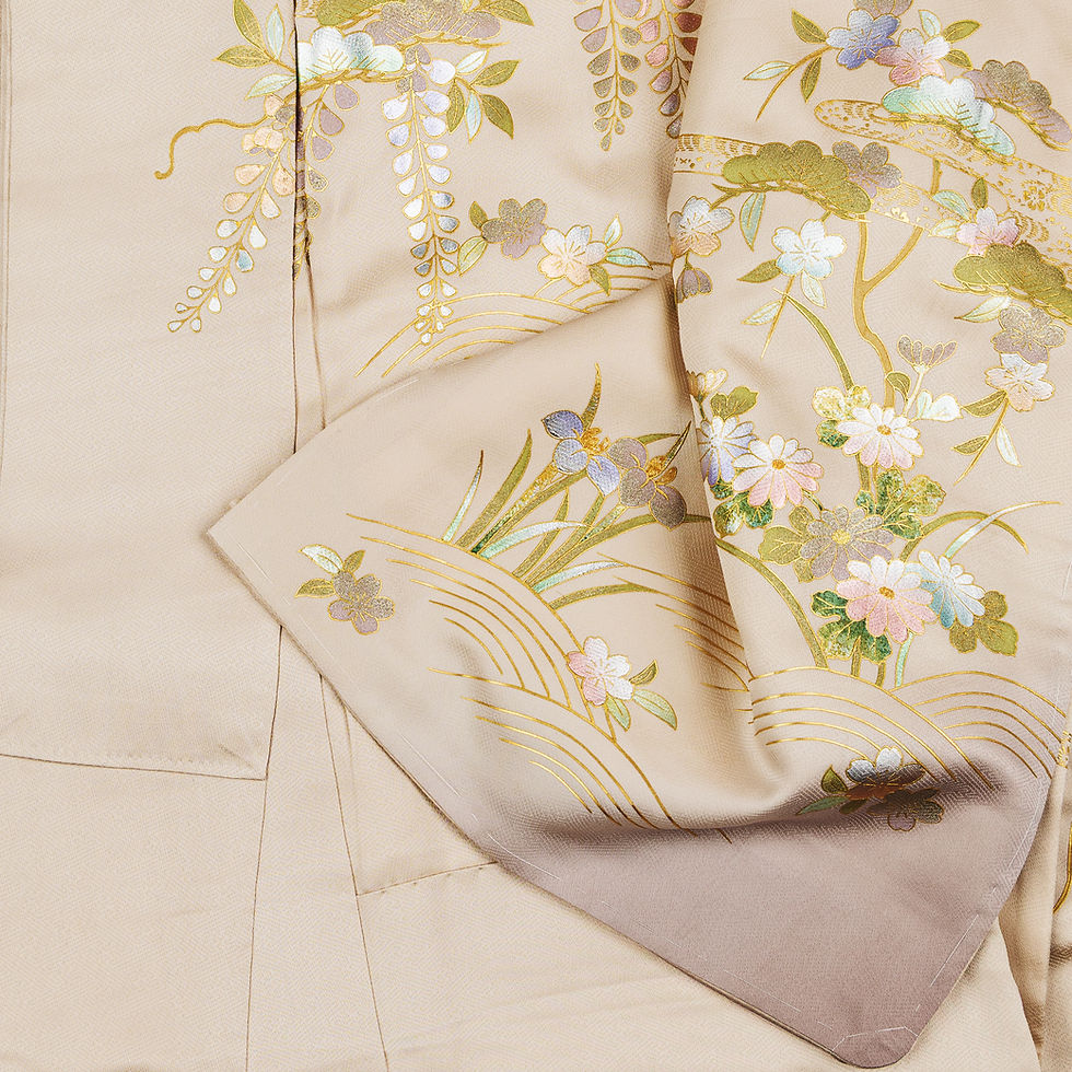 Thumbnail: Vintage kimono, semi-formal Houmongi, featuring spring flowers and a waterside landscape.