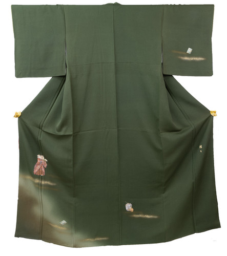 付下げ 人物＆伝統小物モチーフ 深緑×金彩 縮緬 | Heritage Japon
