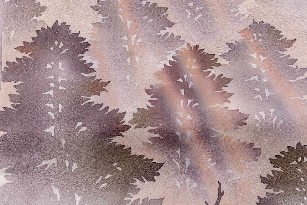 Thumbnail: Fukuro obi (formal sash) - Light purple - Dyed with a fantastical landscape of a cedar forest.