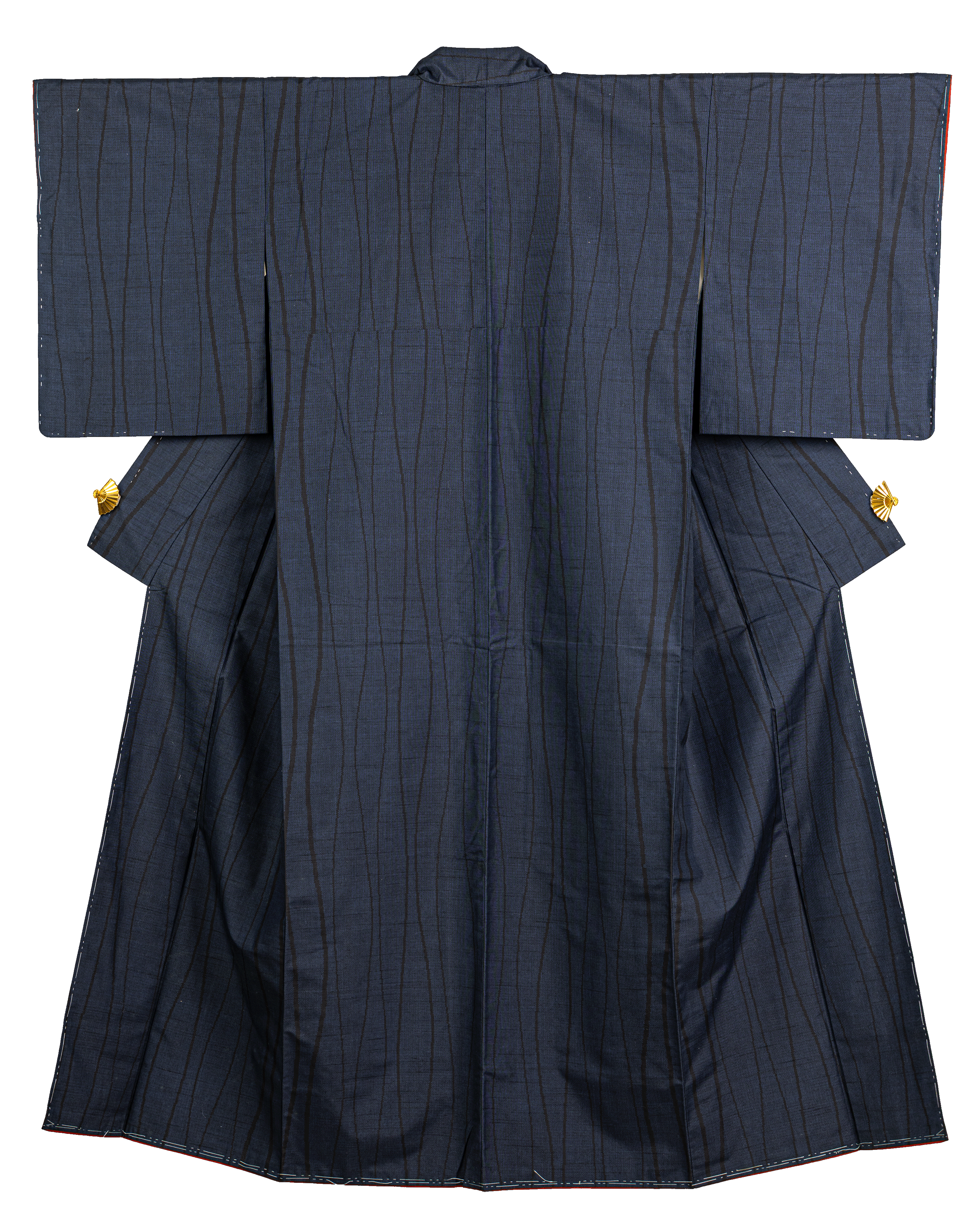 Vintage kimono, Oshima Tsumugi silk, navy blue, irregular stripe pattern.