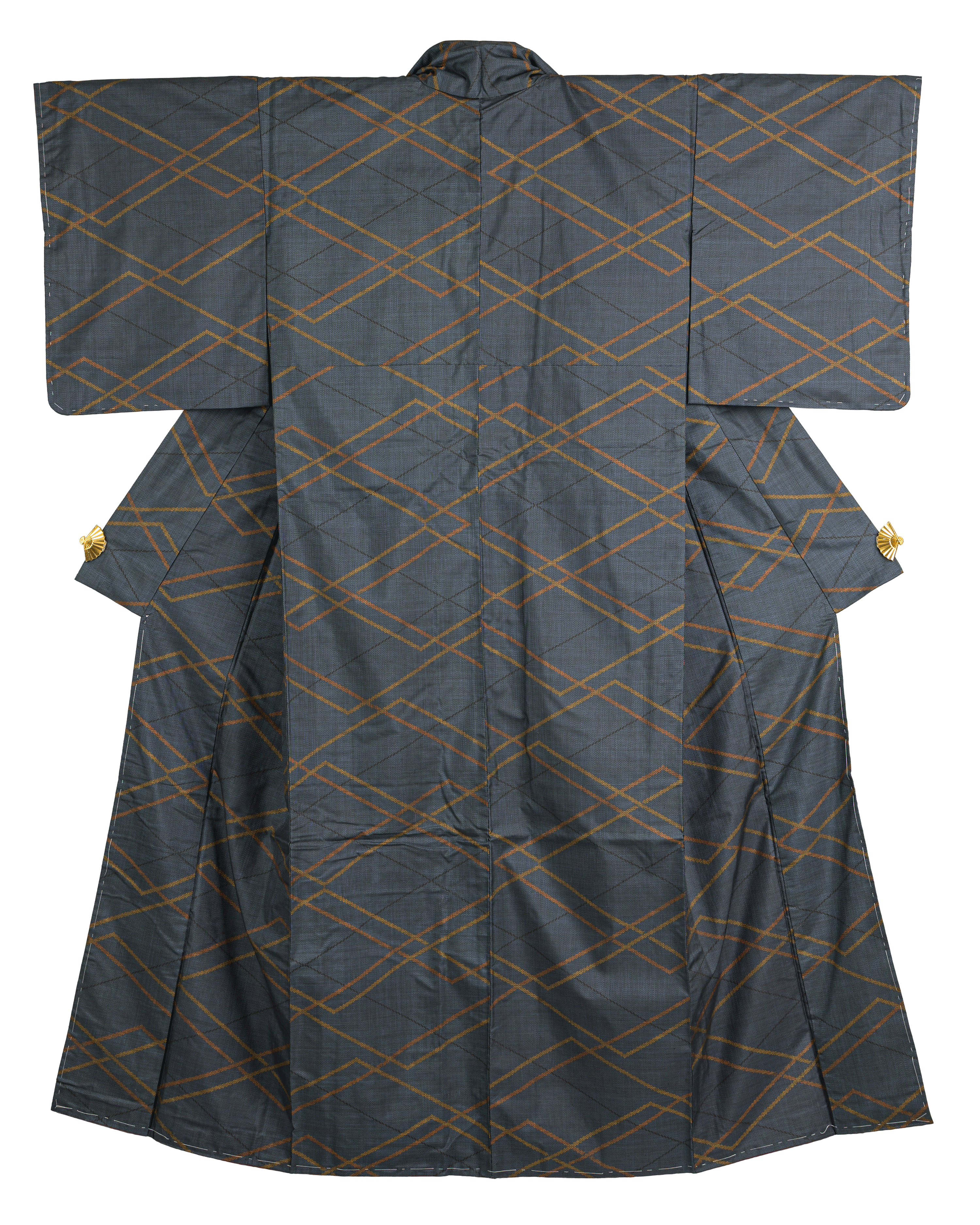Vintage kimono, authentic Oshima Tsumugi silk, navy geometric pattern.