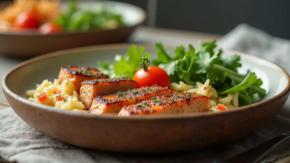 Eye-level view of a healthy meal with lean protein and vegetables