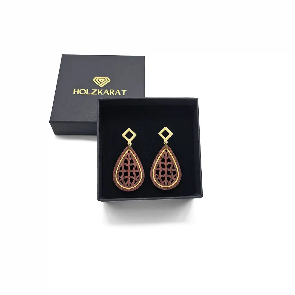 Rowana Ohrringe – eleganter Tropfen-Schmuck aus Holz mit filigranem Cutout-Muster und goldfarbener Kontur, präsentiert in sch