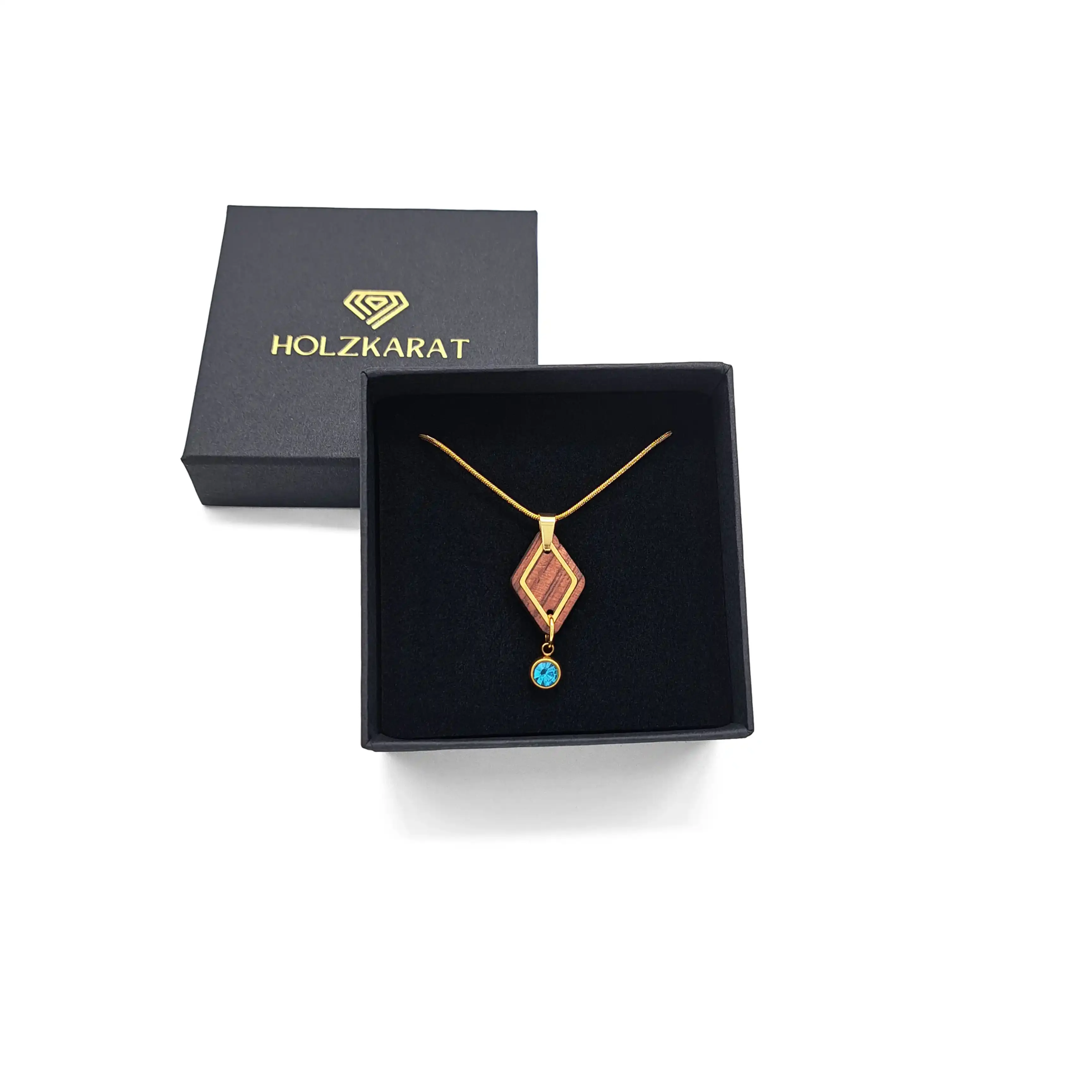 Eldaya Halskette mit Geburtsstein in schwarzer Schmuckbox von Holzkart, mit diamantförmigem Anhänger aus Holz und goldfarbene