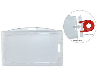Protection intégrale, fermeture inviolable - Réutilisable grâce au clip de fermeture et clé de déverrouillage - 1 face granité anti-reflet 1 face polyglass cristal brillant - Polycarbonate 100% recyclable - 1 ou 2 badges - Compatible clip, zip, cordon.