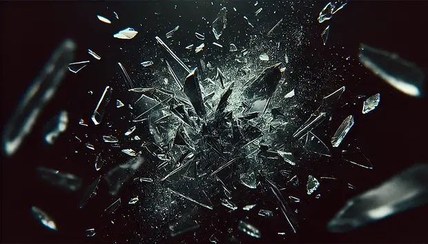 DALL·E 2024-10-22 00.57.09 - A dark, dramatic image of shattered glass breaking in mid-air