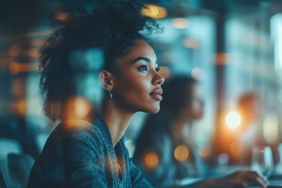 Thoughtful Businesswoman Looking up and Thinking during an Evening Meeting in a Modern Off