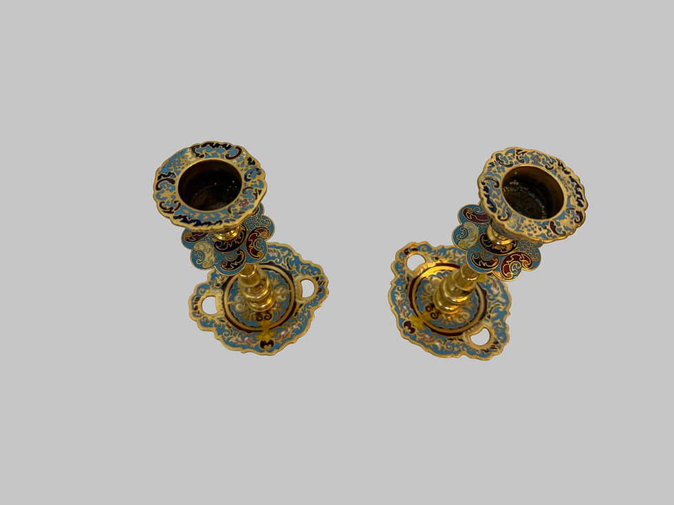 Thumbnail: 19TH C. CHAMPLEVE AND GILT BRONZE CANDLESTICKS & TABLE MIRROR, FRENCH  C. 1890