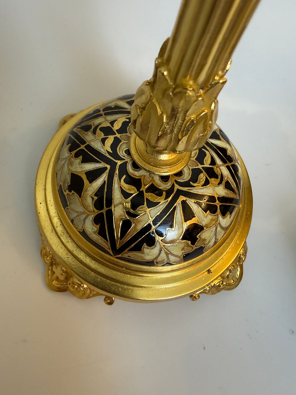 Thumbnail: 19TH C. CHAMPLEVE AND GILT BRONZE SET OF CANDLESTICKS & INKWELL,  FRENCH  C.1890