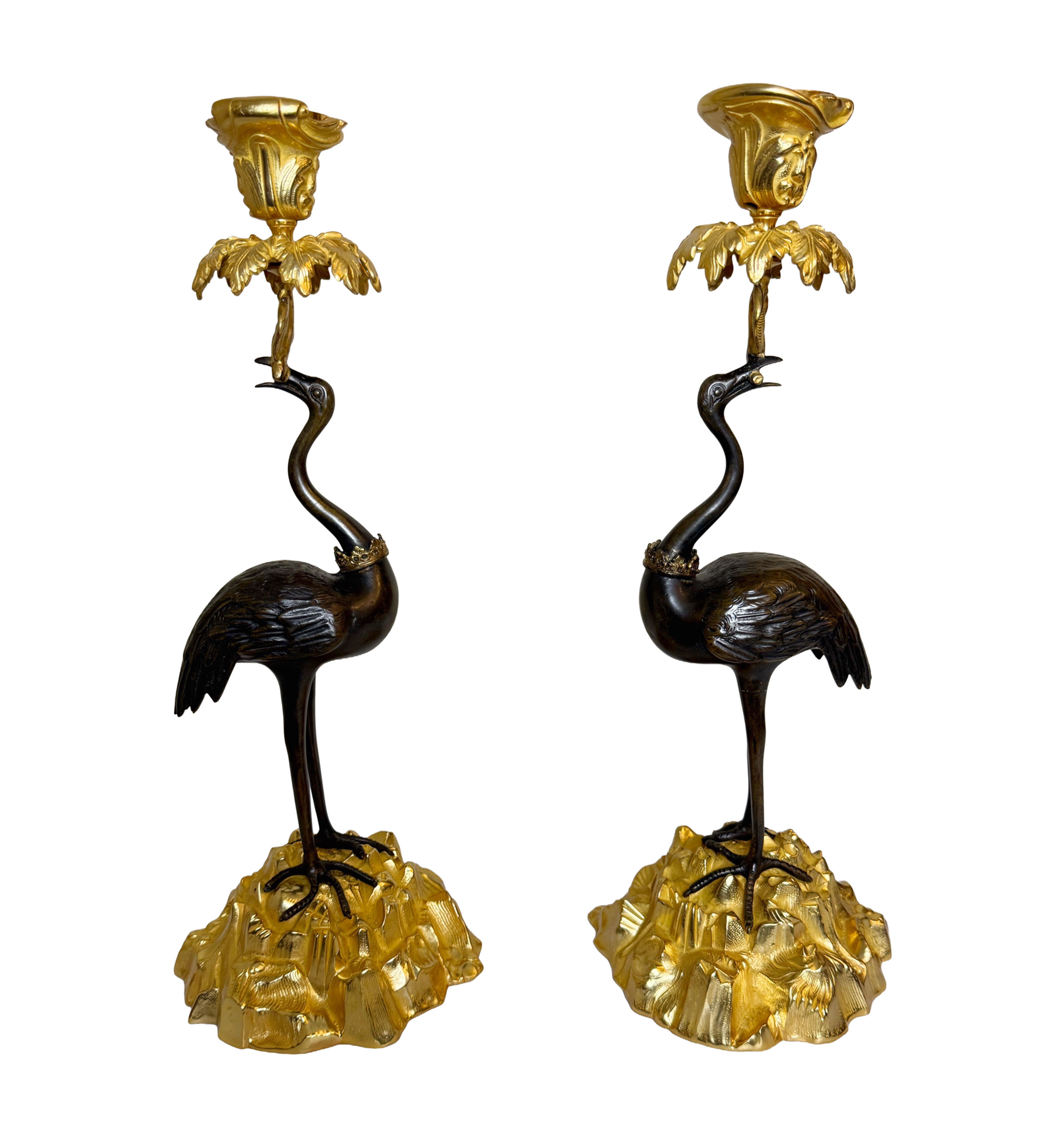 LATE 19TH C. PAIR OF GILT BRONZE CANDLESTICKS W/ FLAMINGO MOTIF, FRENCH. C. 1890