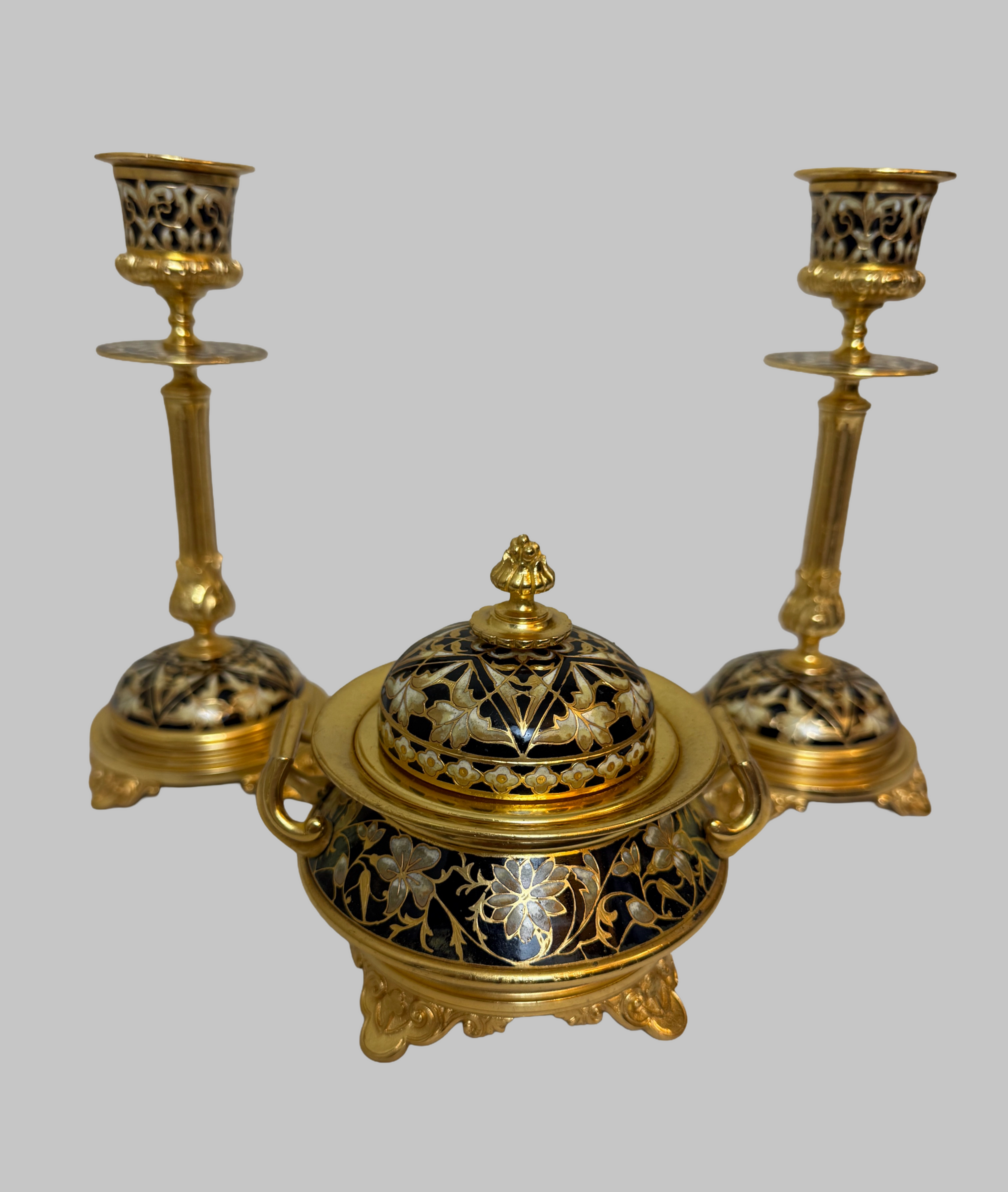19TH C. CHAMPLEVE AND GILT BRONZE SET OF CANDLESTICKS & INKWELL, FRENCH C.1890