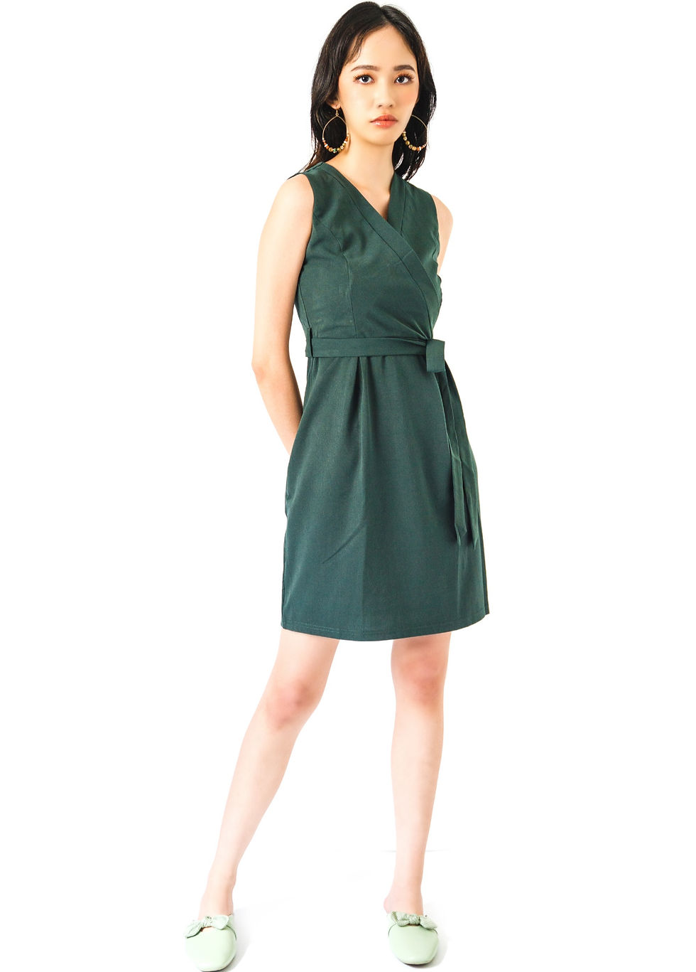 Thumbnail: Teallie Overlap V Neck Dress in Teal Green