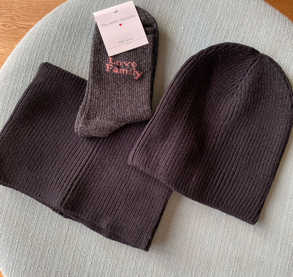 Miniature : Ensemble bonnet et cache-col noirs