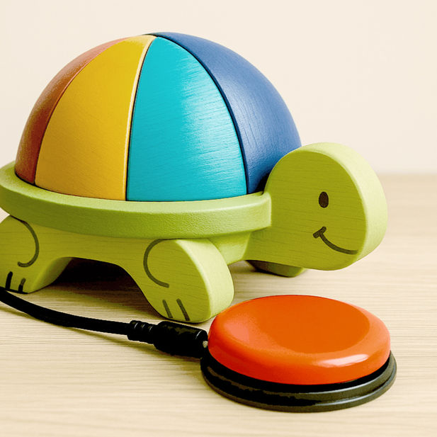 An adaptive toy turtle with an accessible button.