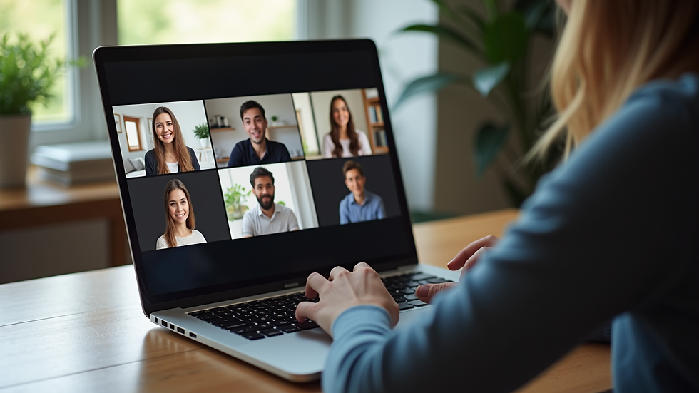 Close-up of a laptop screen showing an online English conversation class