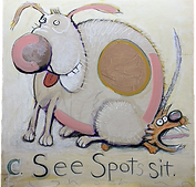 c. See Spot Sit. A humorous painted panel of a cartoon dog sitting on a cat.