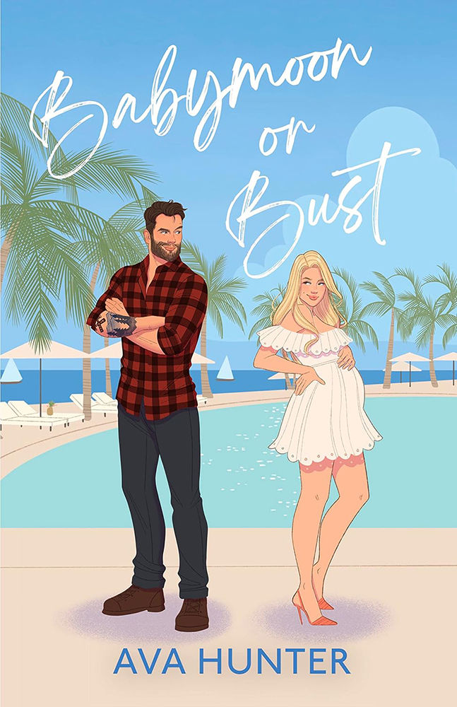 A man and woman stand by a pool with palms. The man wears a red plaid shirt; the woman is pregnant in a white dress. Text: Babymoon or Bust.