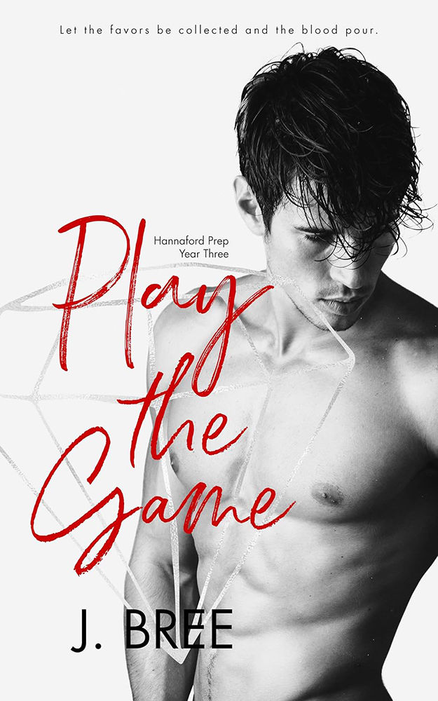Shirtless man with wet hair, looking down, on a grayscale book cover. Red text reads "Play the Game" by J. Bree, with additional text above.