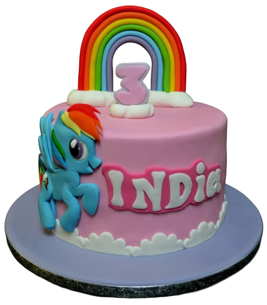 Colourful My Little Pony and rainbow-themed cake on a cloud-shaped base, perfect for fans of the popular TV show and vibrant designs.
