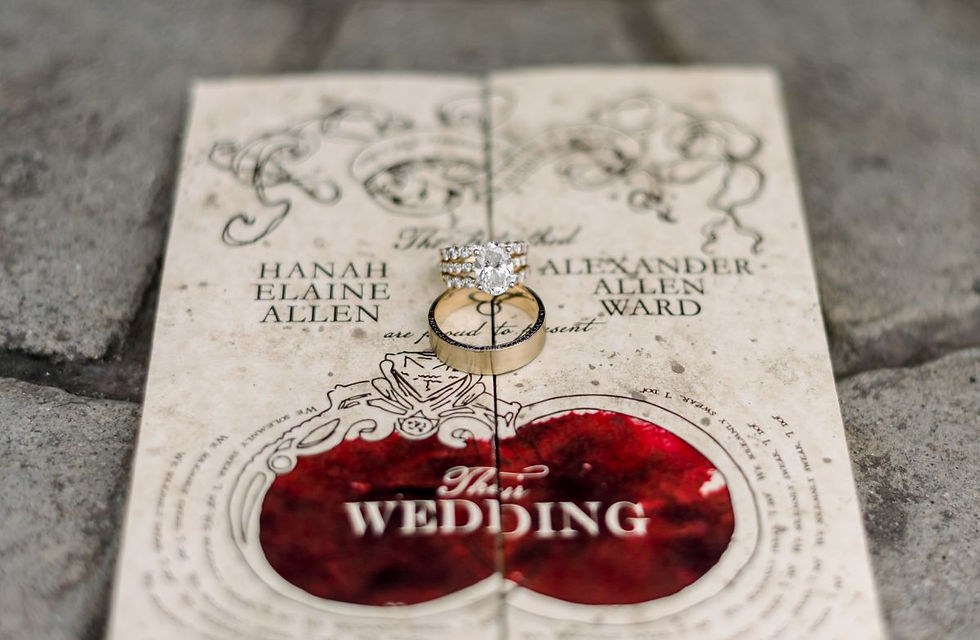 Custom Harry Potter wedding invitation with wedding rings on it.