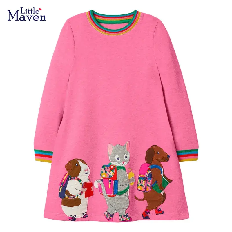 Little Maven 2024, Vestido de manga larga para niñas, de algodón con animales encantadores, ropa informal de otoño para niñas de 2 a 7 años