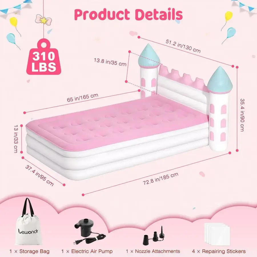 縮圖：Cama inflable para niñas, forma de castillo, bomba de aire eléctrica.