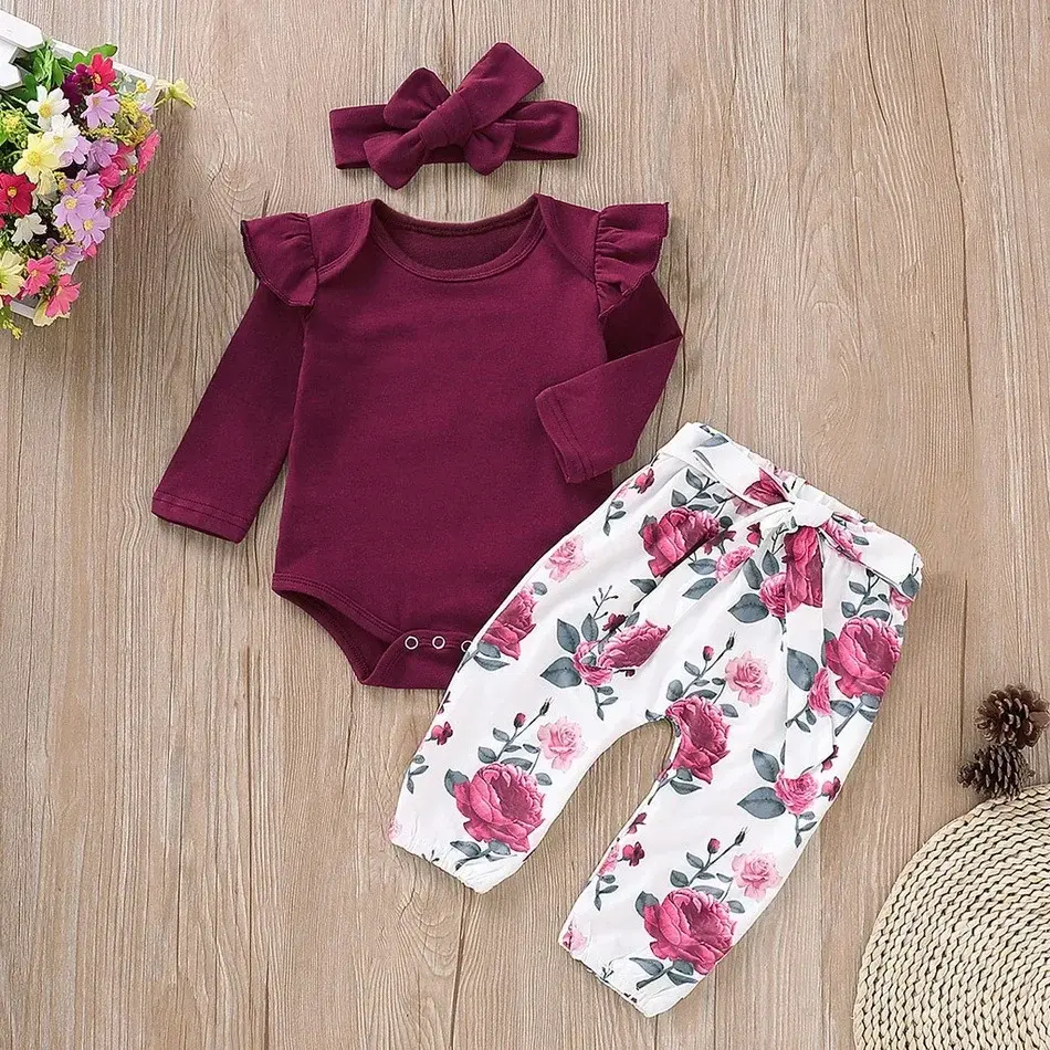 Miniatura: Hermoso Conjunto de 3 piezas para bebé niña recién nacida, otoño.