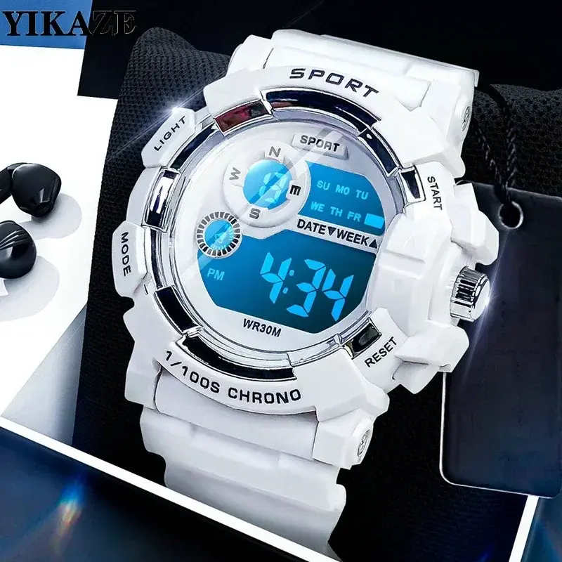 YIKAZE  Reloj digital, resistente al agua, alarma luminosa, Unisex..