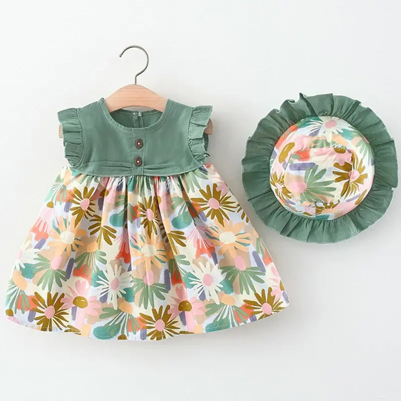 baby apleum Conjunto de 2 piezas de vestido- sombrero, verano niñas. 0M-36M.