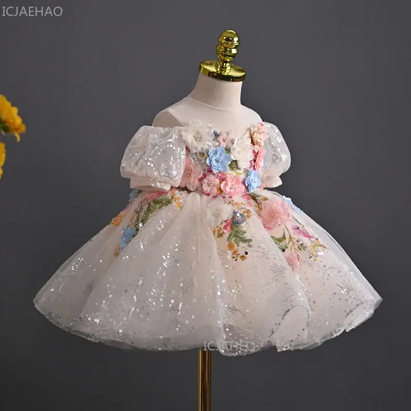 Miniaturebillede: Vestido Floral de princesa para primer cumpleaños, traje para celebración.