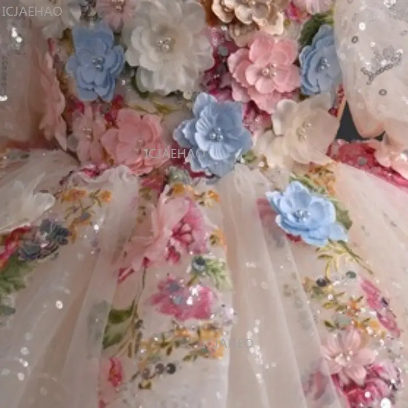 Miniaturebillede: Vestido Floral de princesa para primer cumpleaños, traje para celebración.