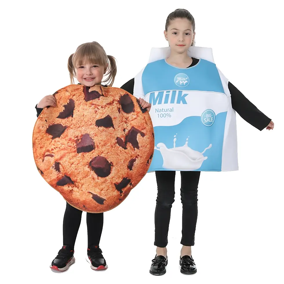 Pikkukuva: Disfraz divertido de comida para niños de 3 a 8 años, Galleta, leche.