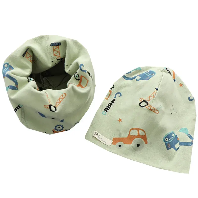 Thumbnail: Conjunto de gorro y bufanda de algodón  con lindos motivos animales. Niñas