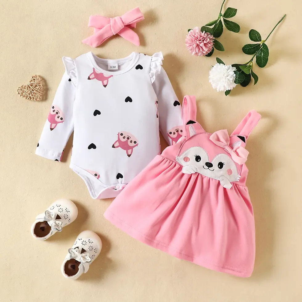 Thumbnail: Adorable baby girl outfit with cartoon bodysuit and fox suspender dress