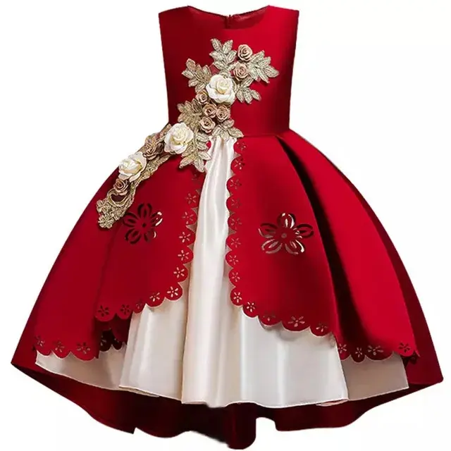 Miniatura: bibihou  Vestido de princesa de seda bordado para niña, 3-10 años.
