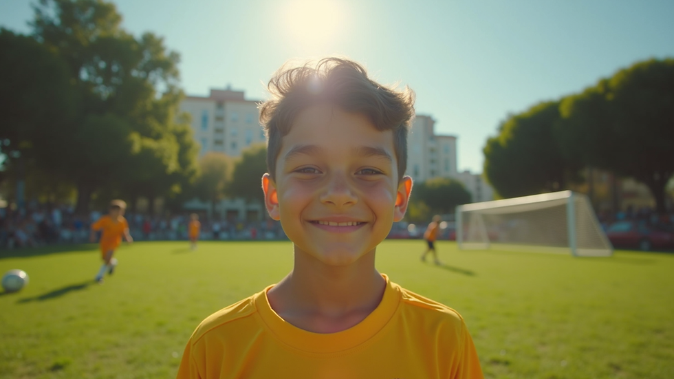 Vista a nivel de ojo de un niño con camiseta de fútbol jugando en un parque