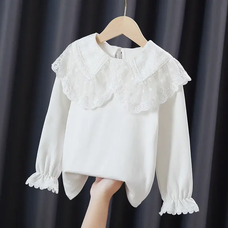 Miniatura: Blusa de otoño  para niñas, con lazo, camisa de algodón de manga larga.