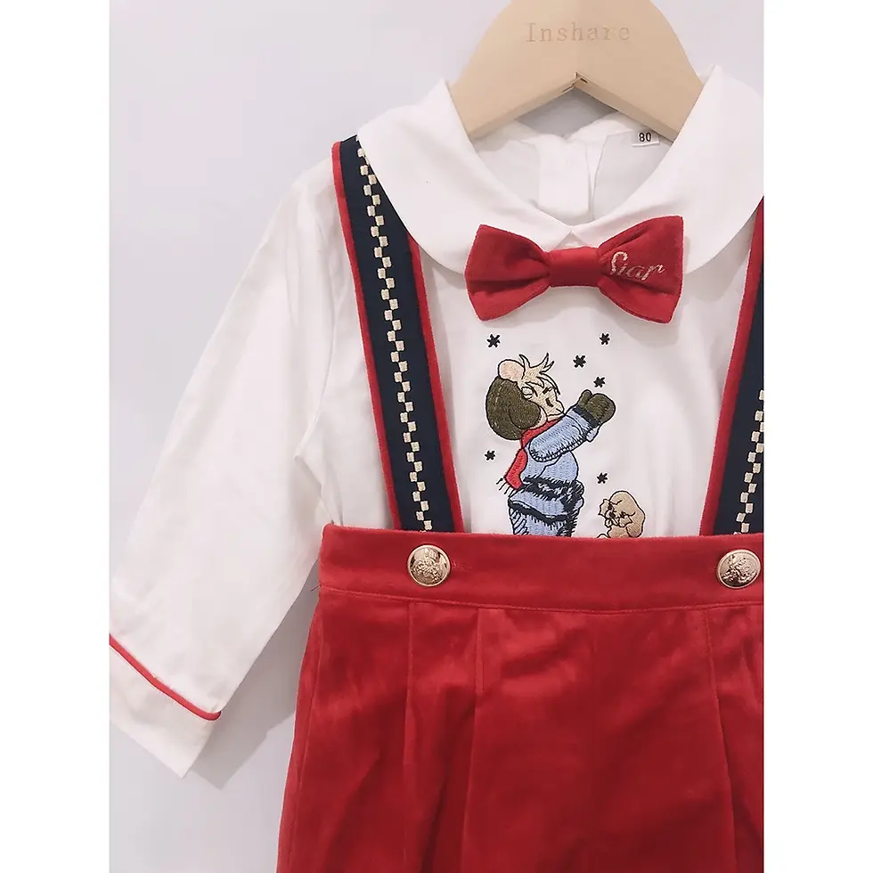 Miniatura: Traje BABI encantador con tirantes de camisa bordados y pantalones cortos