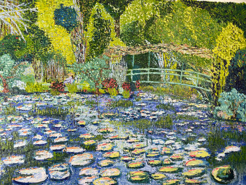Painting of a pond with water lilies and bridge.