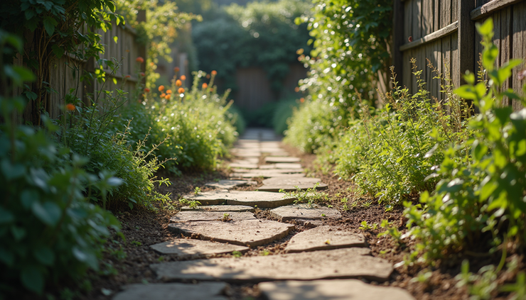 Eye-level view of an overgrown garden with cracked pathways and dying plants