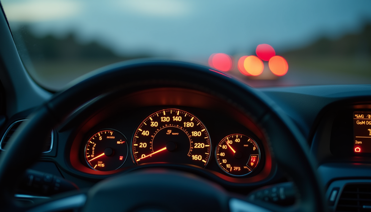 Eye-level view of a car dashboard showing the speedometer and odometer during a business trip