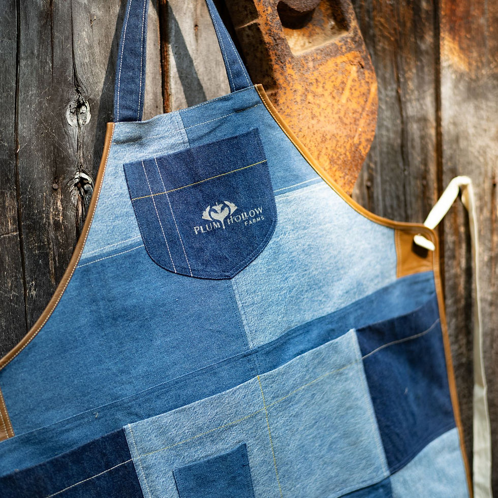 Plum Hollow Farms upcycled denim apron made from secondhand materials in collaboration with Beyond Retro. Durable, functional