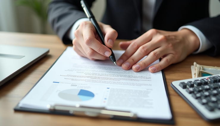 High angle view of a person reviewing mortgage documents with a pen