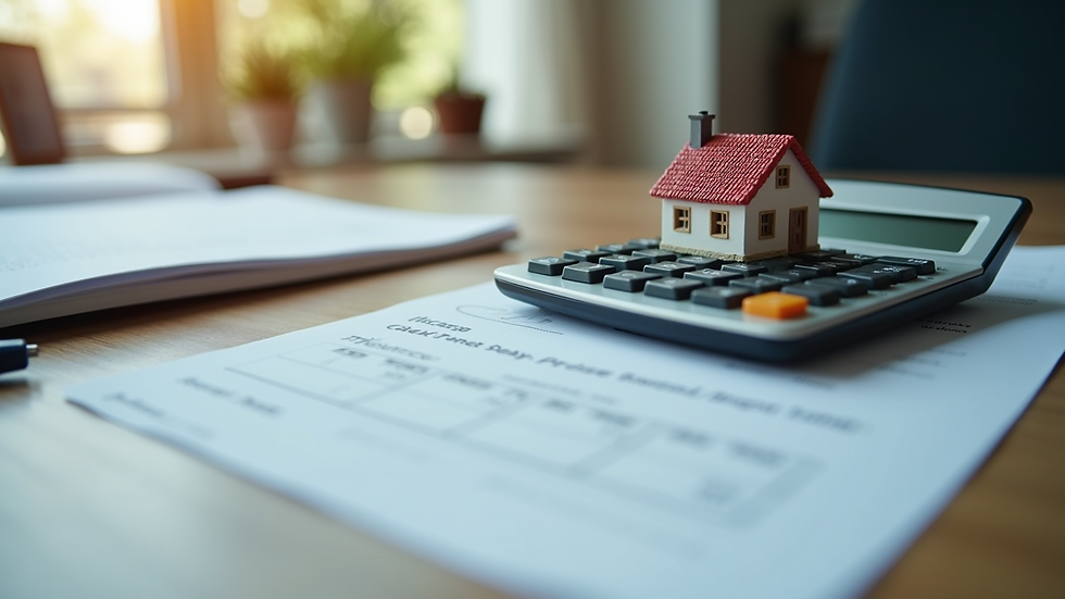 High angle view of a calculator and house model on a desk