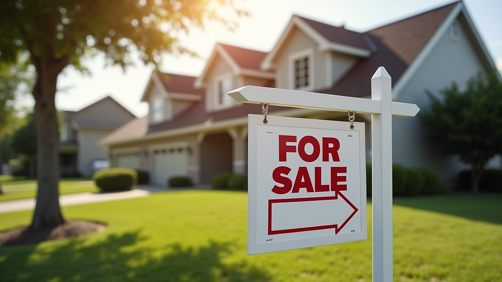 Close-up view of a house for sale sign in a residential neighborhood