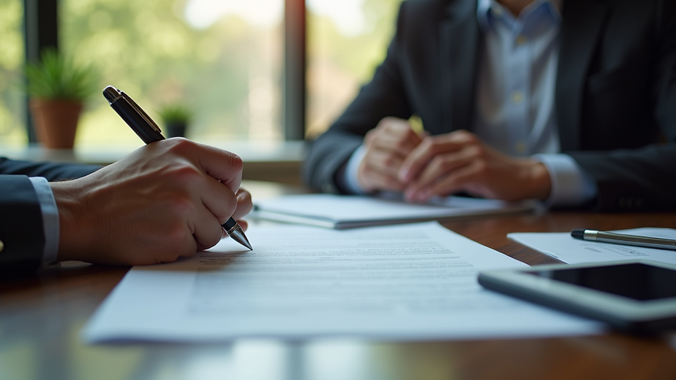 Eye-level view of a mortgage broker discussing paperwork with a client