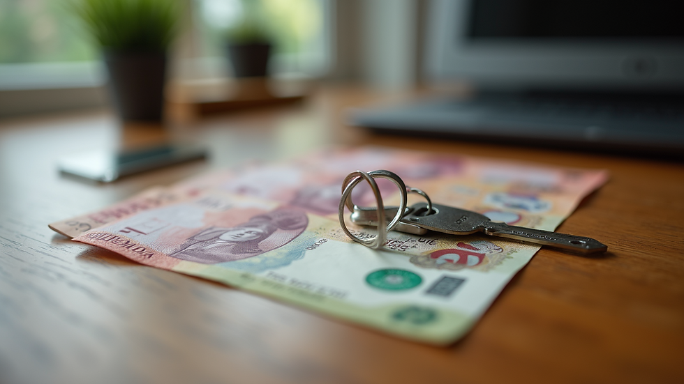 Close-up view of Canadian currency and house keys on a wooden table
