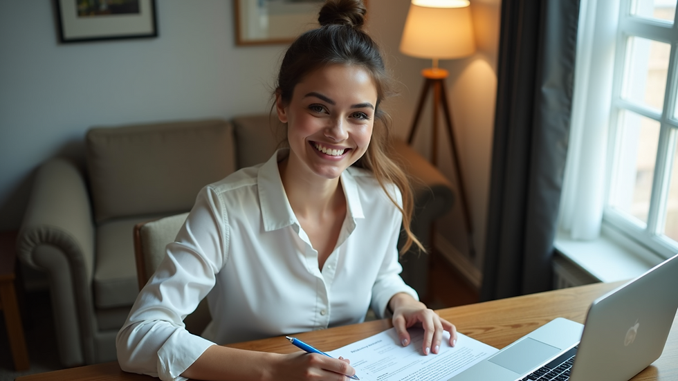High angle view of a smiling woman sitting at a desk with a laptop and mortgage documents
